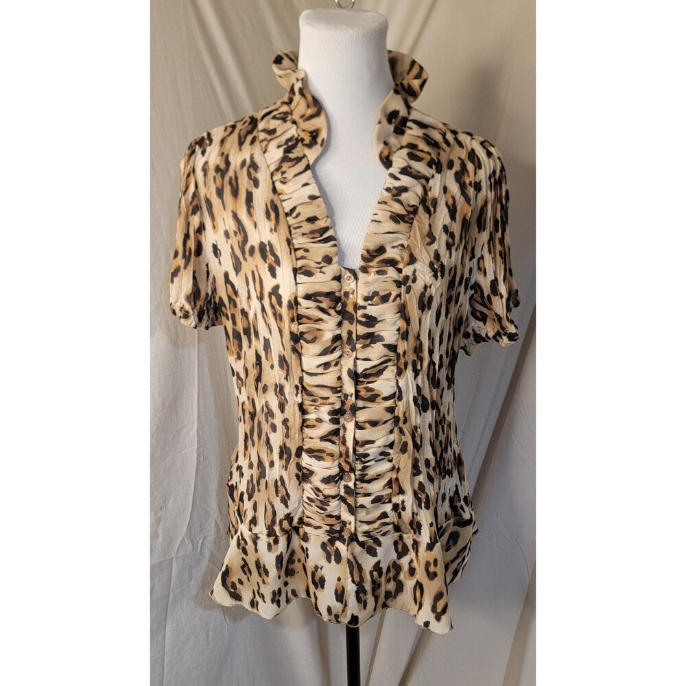 Allison Taylor Leopard Print Ruffle Blouse Women’s XL Animal Print Button Front